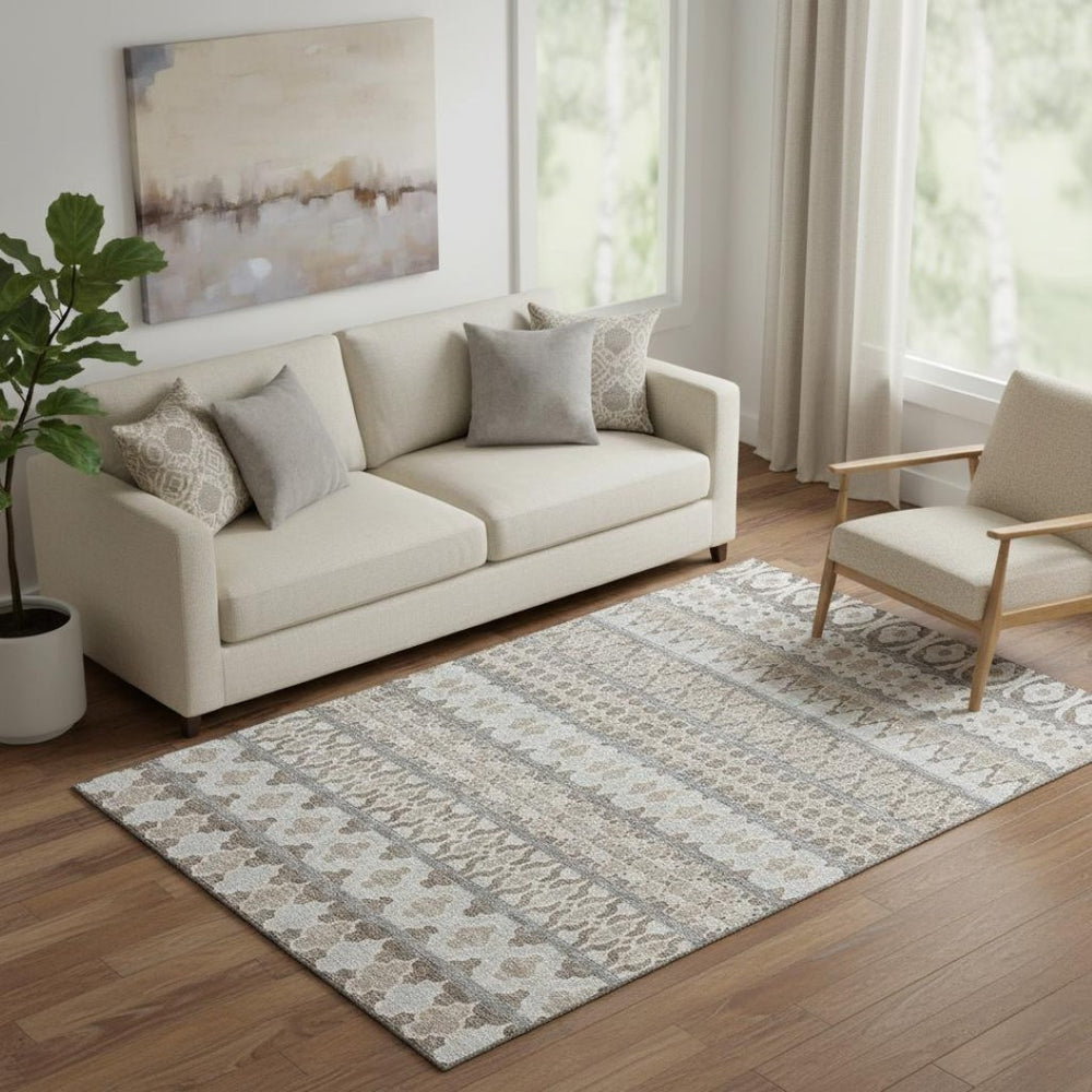 HomeRoots 5' X 8' Taupe Beige & Ivory Ikat Area Rug – Washable, UV Protected, Perfect for Kids & Pets! 661475