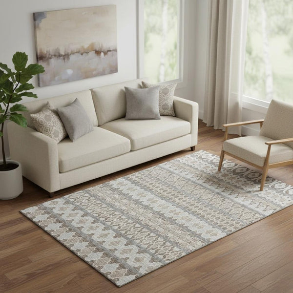 HomeRoots 5' X 8' Taupe Beige & Ivory Ikat Area Rug – Washable, UV Protected, Perfect for Kids & Pets! 661475