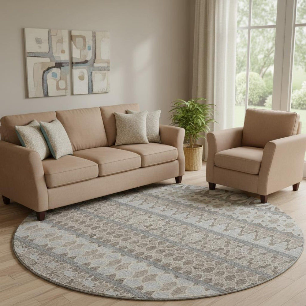 HomeRoots 8' Taupe, Beige & Ivory Ikat Round Rug - Washable, UV-Protected, Durable & Stylish for Any Space 661476
