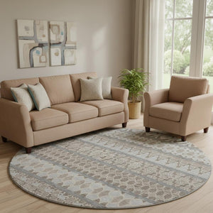 HomeRoots 8' Taupe, Beige & Ivory Ikat Round Rug - Washable, UV-Protected, Durable & Stylish for Any Space 661476