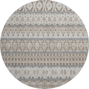 HomeRoots 8' Taupe, Beige & Ivory Ikat Round Rug - Washable, UV-Protected, Durable & Stylish for Any Space 661476