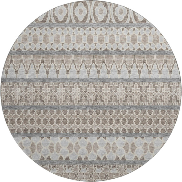 HomeRoots 8' Taupe, Beige & Ivory Ikat Round Rug - Washable, UV-Protected, Durable & Stylish for Any Space 661476