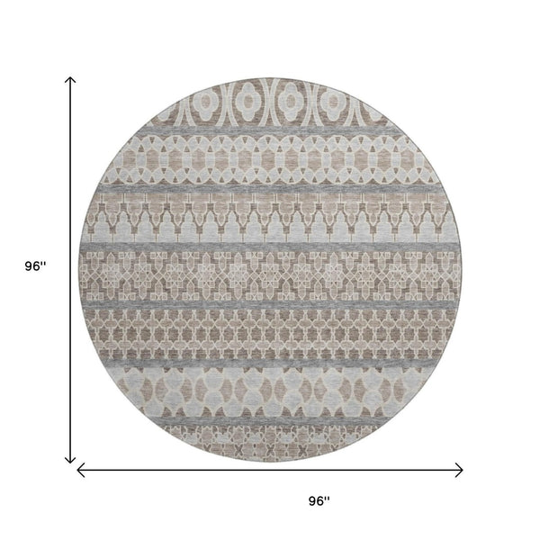 HomeRoots 8' Taupe, Beige & Ivory Ikat Round Rug - Washable, UV-Protected, Durable & Stylish for Any Space 661476