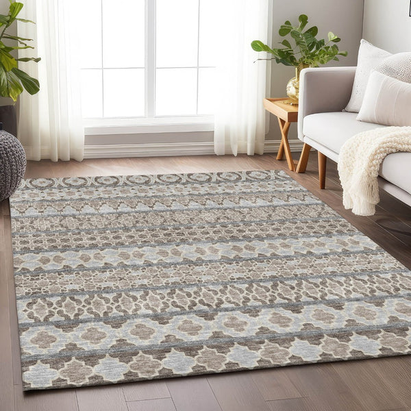 HomeRoots 8' X 10' Washable Ikat Area Rug in Soft Taupe-Beige & Ivory – UV Protected, Stain Resistant Design 661477