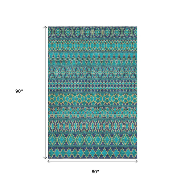 HomeRoots 5' X 8' Teal and Gold Ikat Area Rug - Stylish, Washable, UV-Protected for High-Traffic Spaces! 661481