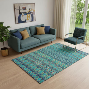 HomeRoots 5' X 8' Teal and Gold Ikat Area Rug - Stylish, Washable, UV-Protected for High-Traffic Spaces! 661481