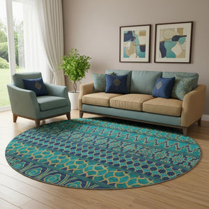 HomeRoots 8' Teal And Gold Ikat Round Rug - Washable, UV Protected, Stylish, and Durable for Every Space! 661482