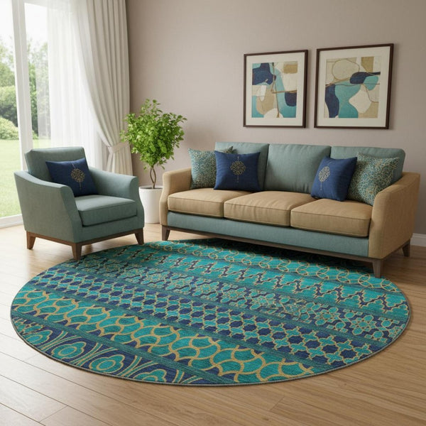 HomeRoots 8' Teal And Gold Ikat Round Rug - Washable, UV Protected, Stylish, and Durable for Every Space! 661482