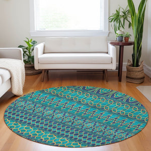 HomeRoots 8' Teal And Gold Ikat Round Rug - Washable, UV Protected, Stylish, and Durable for Every Space! 661482