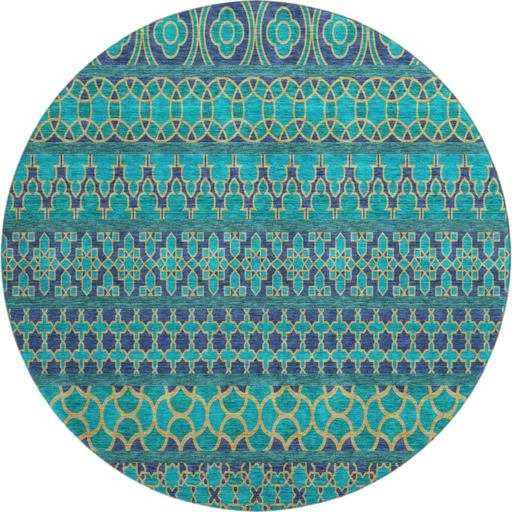 HomeRoots 8' Teal And Gold Ikat Round Rug - Washable, UV Protected, Stylish, and Durable for Every Space! 661482