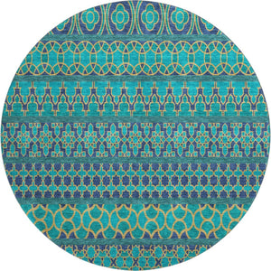 HomeRoots 8' Teal And Gold Ikat Round Rug - Washable, UV Protected, Stylish, and Durable for Every Space! 661482