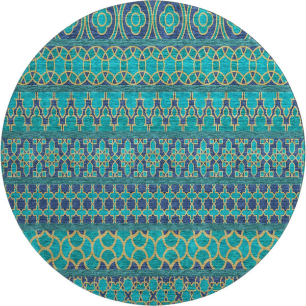 HomeRoots 8' Teal And Gold Ikat Round Rug - Washable, UV Protected, Stylish, and Durable for Every Space! 661482