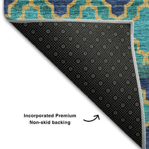 HomeRoots 8' Teal And Gold Ikat Round Rug - Washable, UV Protected, Stylish, and Durable for Every Space! 661482