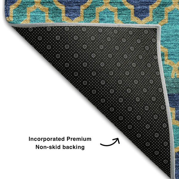 HomeRoots 8' Teal And Gold Ikat Round Rug - Washable, UV Protected, Stylish, and Durable for Every Space! 661482