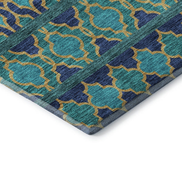 HomeRoots 8' Teal And Gold Ikat Round Rug - Washable, UV Protected, Stylish, and Durable for Every Space! 661482