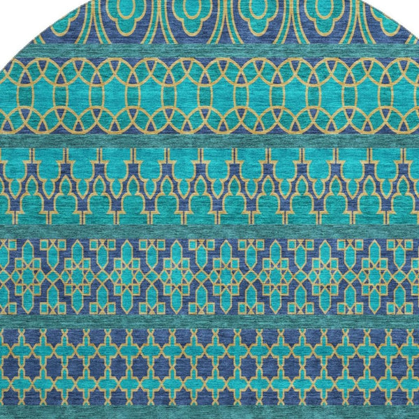HomeRoots 8' Teal And Gold Ikat Round Rug - Washable, UV Protected, Stylish, and Durable for Every Space! 661482