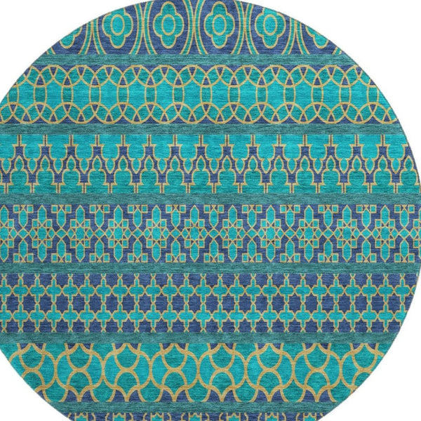 HomeRoots 8' Teal And Gold Ikat Round Rug - Washable, UV Protected, Stylish, and Durable for Every Space! 661482