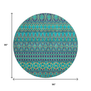 HomeRoots 8' Teal And Gold Ikat Round Rug - Washable, UV Protected, Stylish, and Durable for Every Space! 661482