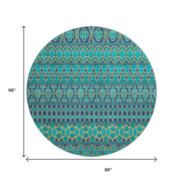 HomeRoots 8' Teal And Gold Ikat Round Rug - Washable, UV Protected, Stylish, and Durable for Every Space! 661482