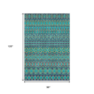 HomeRoots 8' X 10' Stylish Teal and Gold Ikat Area Rug – Washable, UV-Protected, Durable for High-Traffic Homes 661483