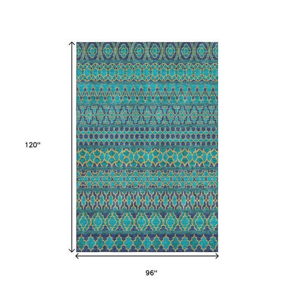 HomeRoots 8' X 10' Stylish Teal and Gold Ikat Area Rug – Washable, UV-Protected, Durable for High-Traffic Homes 661483