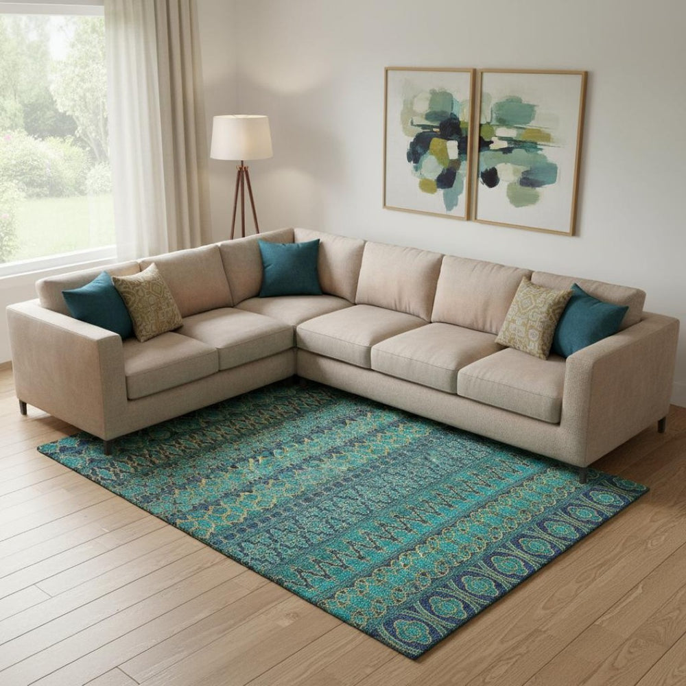HomeRoots 8' X 10' Stylish Teal and Gold Ikat Area Rug – Washable, UV-Protected, Durable for High-Traffic Homes 661483
