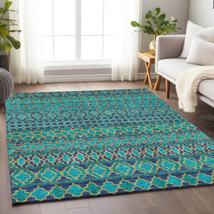 HomeRoots 8' X 10' Stylish Teal and Gold Ikat Area Rug – Washable, UV-Protected, Durable for High-Traffic Homes 661483