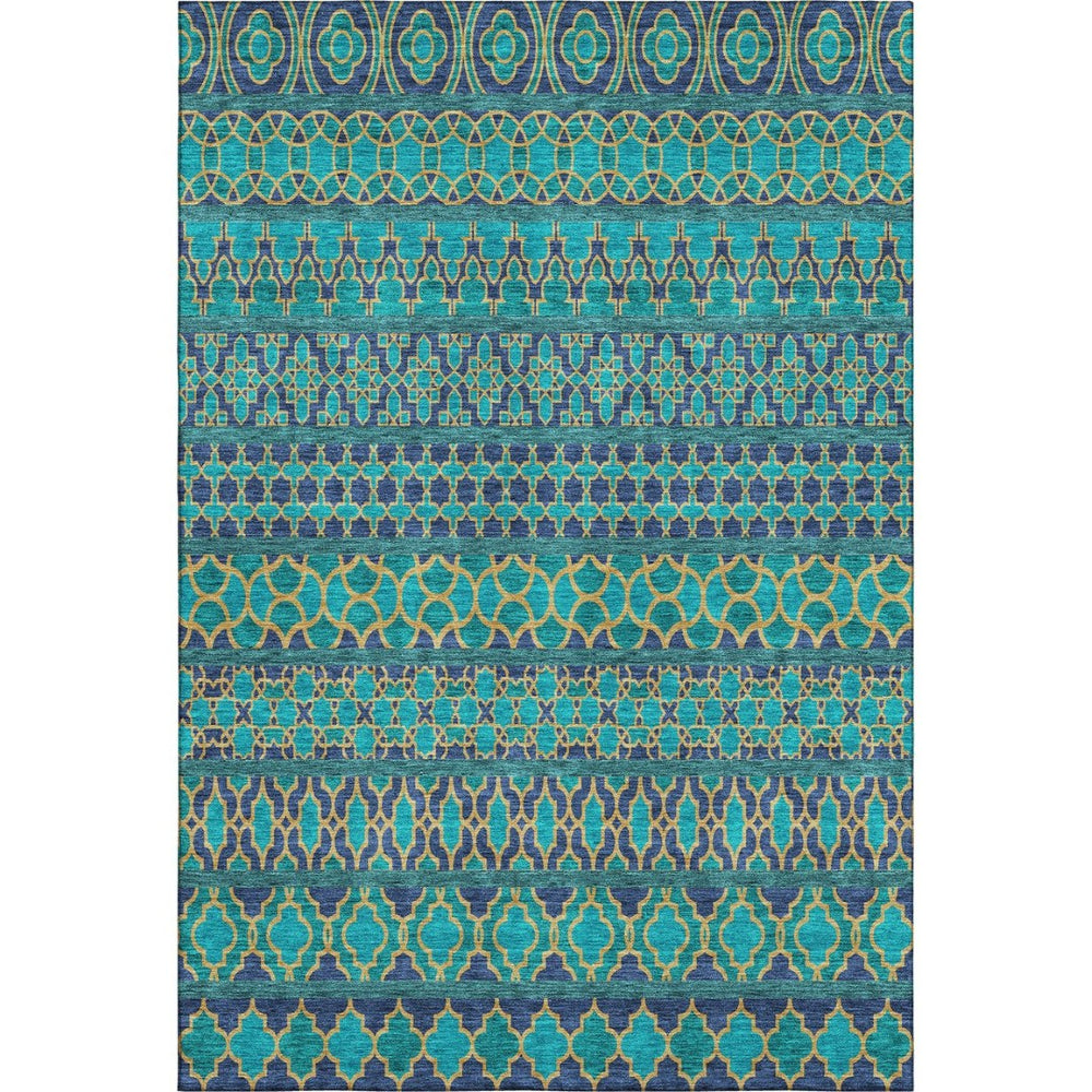 HomeRoots 8' X 10' Stylish Teal and Gold Ikat Area Rug – Washable, UV-Protected, Durable for High-Traffic Homes 661483