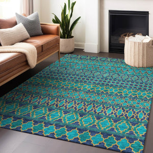 HomeRoots 8' X 10' Stylish Teal and Gold Ikat Area Rug – Washable, UV-Protected, Durable for High-Traffic Homes 661483