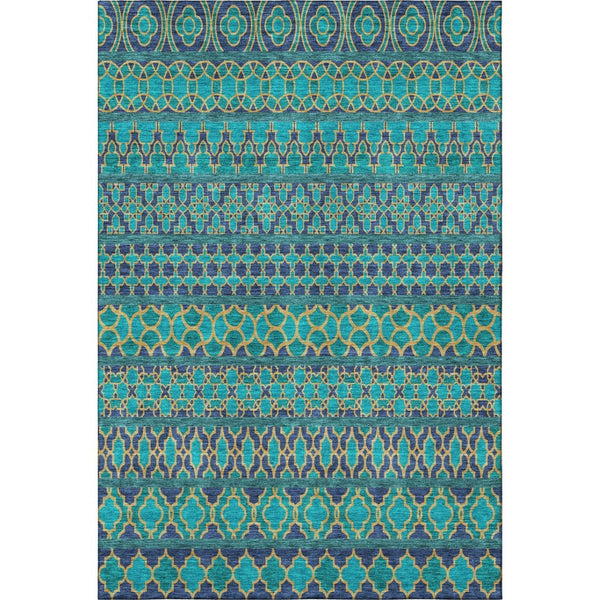 HomeRoots 9' X 12' Teal and Gold Ikat Area Rug – Washable, Stain Resistant, UV Protected for Modern Spaces 661484