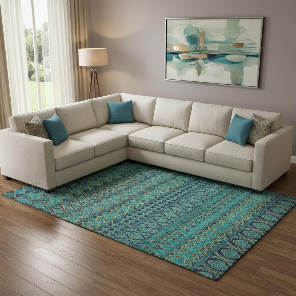 HomeRoots 10' Teal and Gold Ikat Washable Area Rug - UV-Protected, Stain-Resistant, Ideal for Busy Homes 661485
