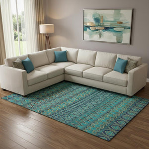 HomeRoots 10' Teal and Gold Ikat Washable Area Rug - UV-Protected, Stain-Resistant, Ideal for Busy Homes 661485