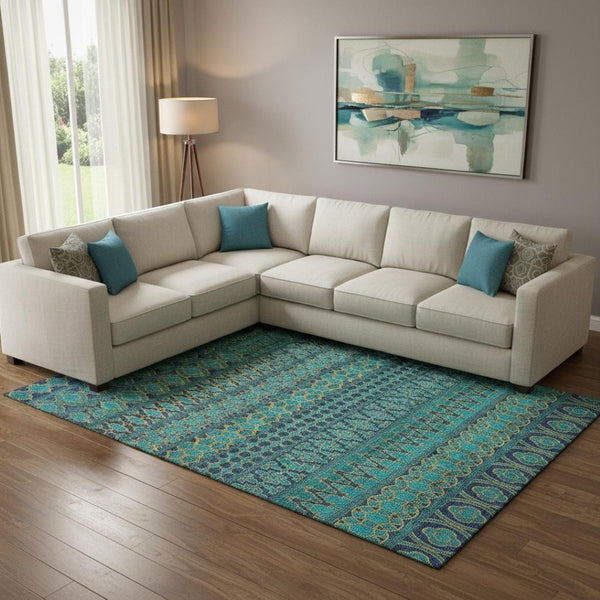 HomeRoots 10' Teal and Gold Ikat Washable Area Rug - UV-Protected, Stain-Resistant, Ideal for Busy Homes 661485
