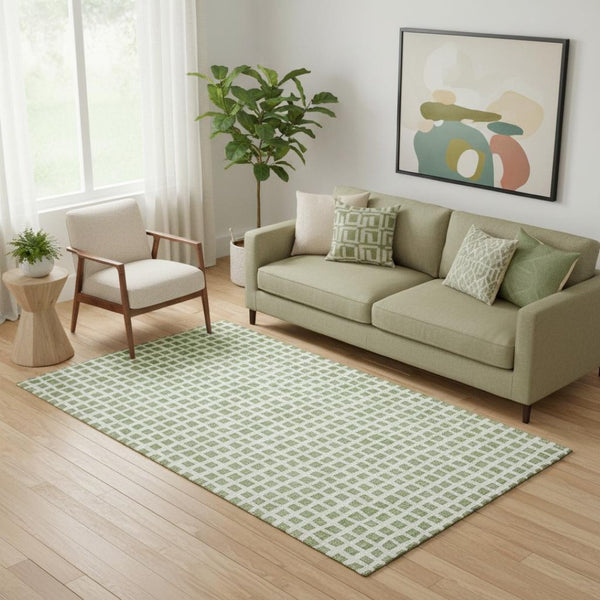 HomeRoots 5' X 8' Artichoke Green & Ivory Geometric Washable Area Rug - Durable, UV Protected, Stain Resistant 661487