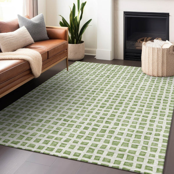 HomeRoots 8' X 10' Artichoke Green & Ivory Geometric Area Rug – Stain-Resistant, UV Protected, Easy Care! 661489