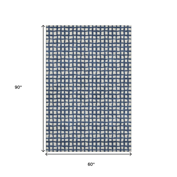 HomeRoots 5' x 8' Geometric Blue and Ivory Area Rug - Washable, UV-Protected, Stain-Resistant, Family-Friendly Design 661493