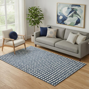 HomeRoots 5' x 8' Geometric Blue and Ivory Area Rug - Washable, UV-Protected, Stain-Resistant, Family-Friendly Design 661493