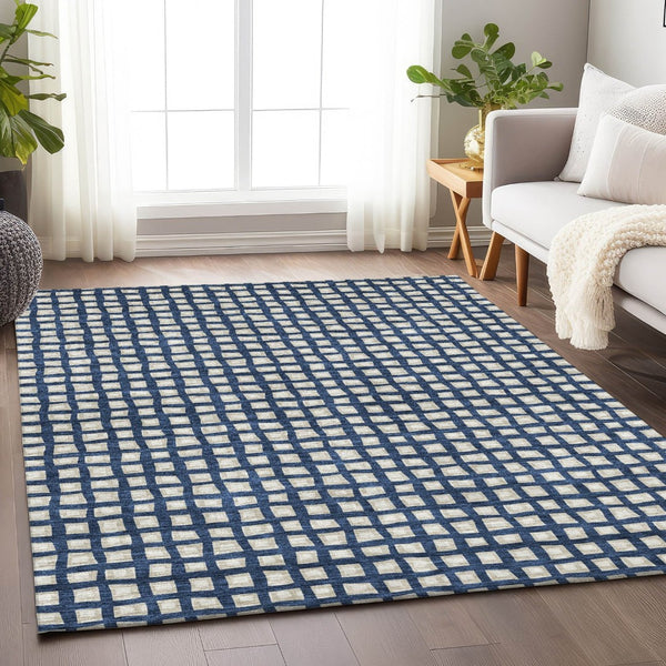 HomeRoots 5' x 8' Geometric Blue and Ivory Area Rug - Washable, UV-Protected, Stain-Resistant, Family-Friendly Design 661493