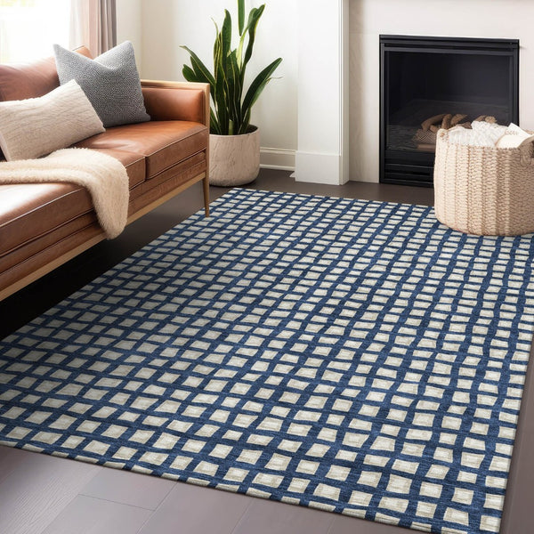 HomeRoots 5' x 8' Geometric Blue and Ivory Area Rug - Washable, UV-Protected, Stain-Resistant, Family-Friendly Design 661493