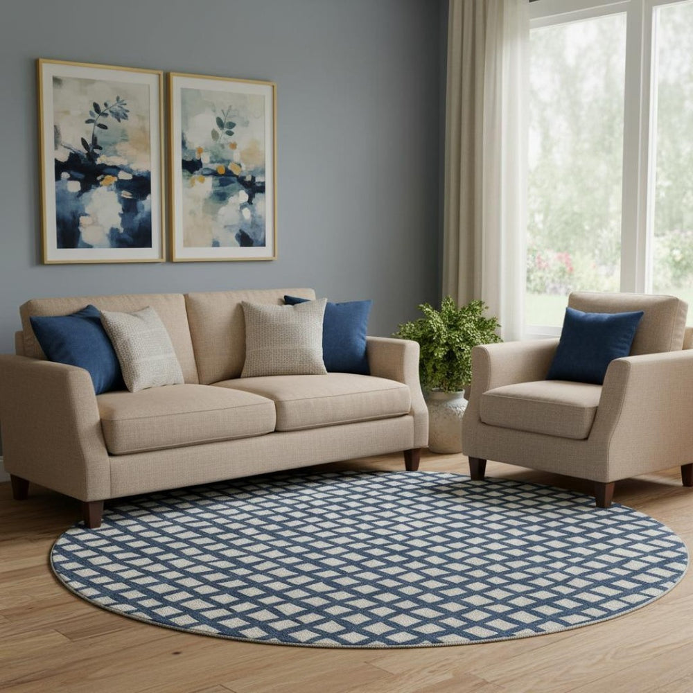 HomeRoots 8' Blue And Ivory Geometric Round Rug - Washable, UV Protected, Perfect for Busy Homes & Decor 661494