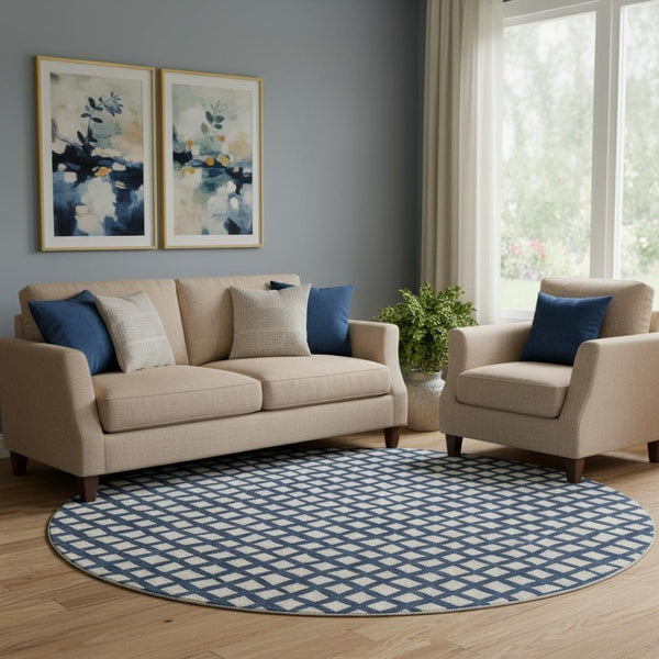HomeRoots 8' Blue And Ivory Geometric Round Rug - Washable, UV Protected, Perfect for Busy Homes & Decor 661494