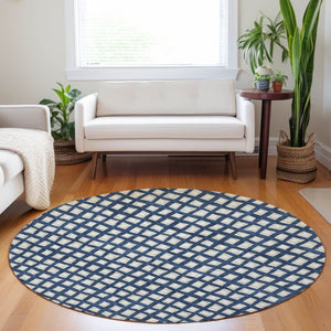 HomeRoots 8' Blue And Ivory Geometric Round Rug - Washable, UV Protected, Perfect for Busy Homes & Decor 661494