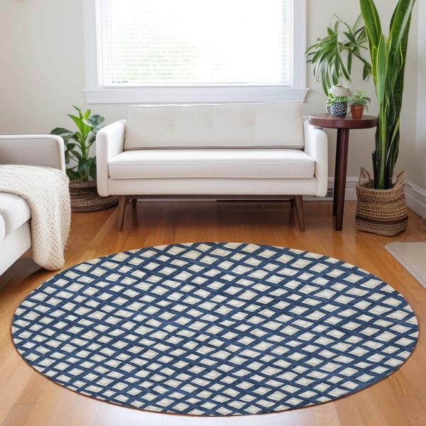 HomeRoots 8' Blue And Ivory Geometric Round Rug - Washable, UV Protected, Perfect for Busy Homes & Decor 661494