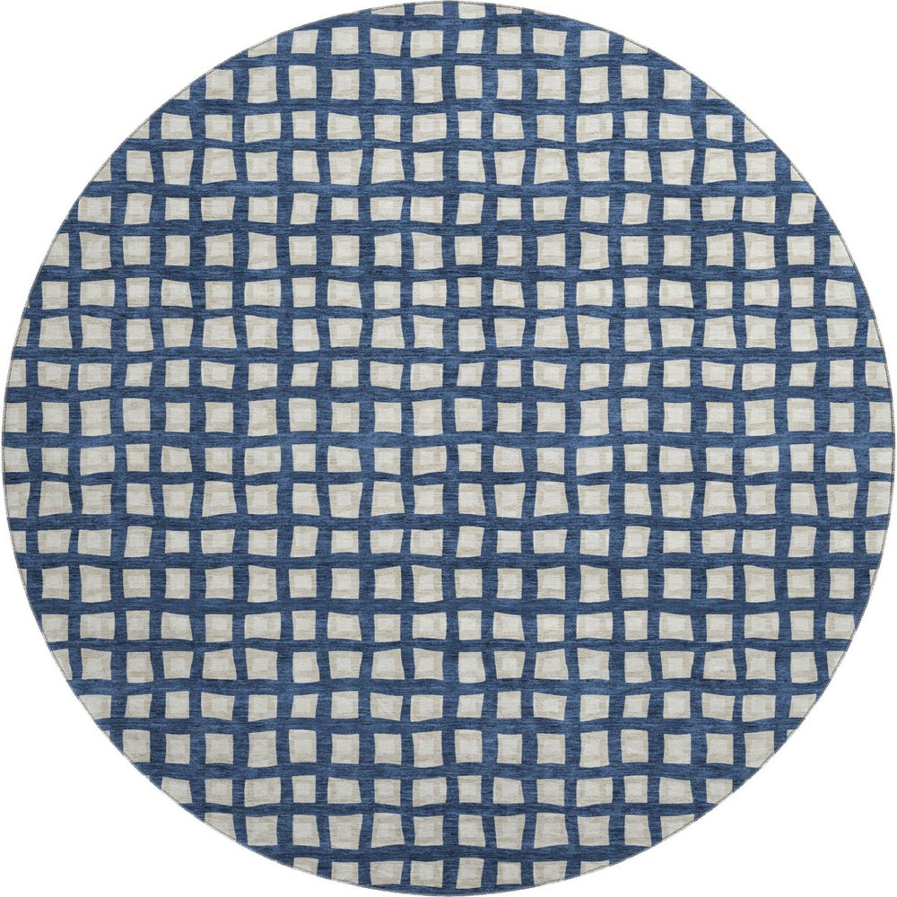 HomeRoots 8' Blue And Ivory Geometric Round Rug - Washable, UV Protected, Perfect for Busy Homes & Decor 661494
