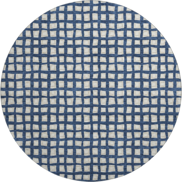 HomeRoots 8' Blue And Ivory Geometric Round Rug - Washable, UV Protected, Perfect for Busy Homes & Decor 661494