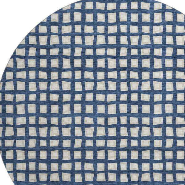 HomeRoots 8' Blue And Ivory Geometric Round Rug - Washable, UV Protected, Perfect for Busy Homes & Decor 661494