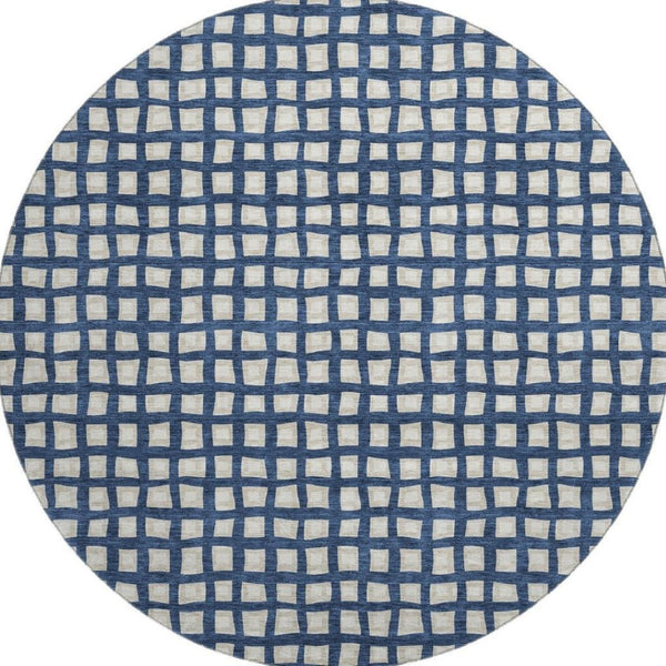 HomeRoots 8' Blue And Ivory Geometric Round Rug - Washable, UV Protected, Perfect for Busy Homes & Decor 661494