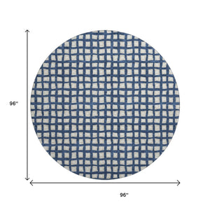 HomeRoots 8' Blue And Ivory Geometric Round Rug - Washable, UV Protected, Perfect for Busy Homes & Decor 661494