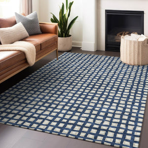 HomeRoots 9' X 12' Blue And Ivory Geometric Area Rug - Washable, Stain Resistant, UV Protected for Modern Spaces 661496