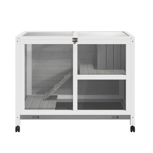English Elm Bunny Hutch Two Story Fir Wood Pet House with Plexiglass Panel and Rolling Wheels T3971P436226